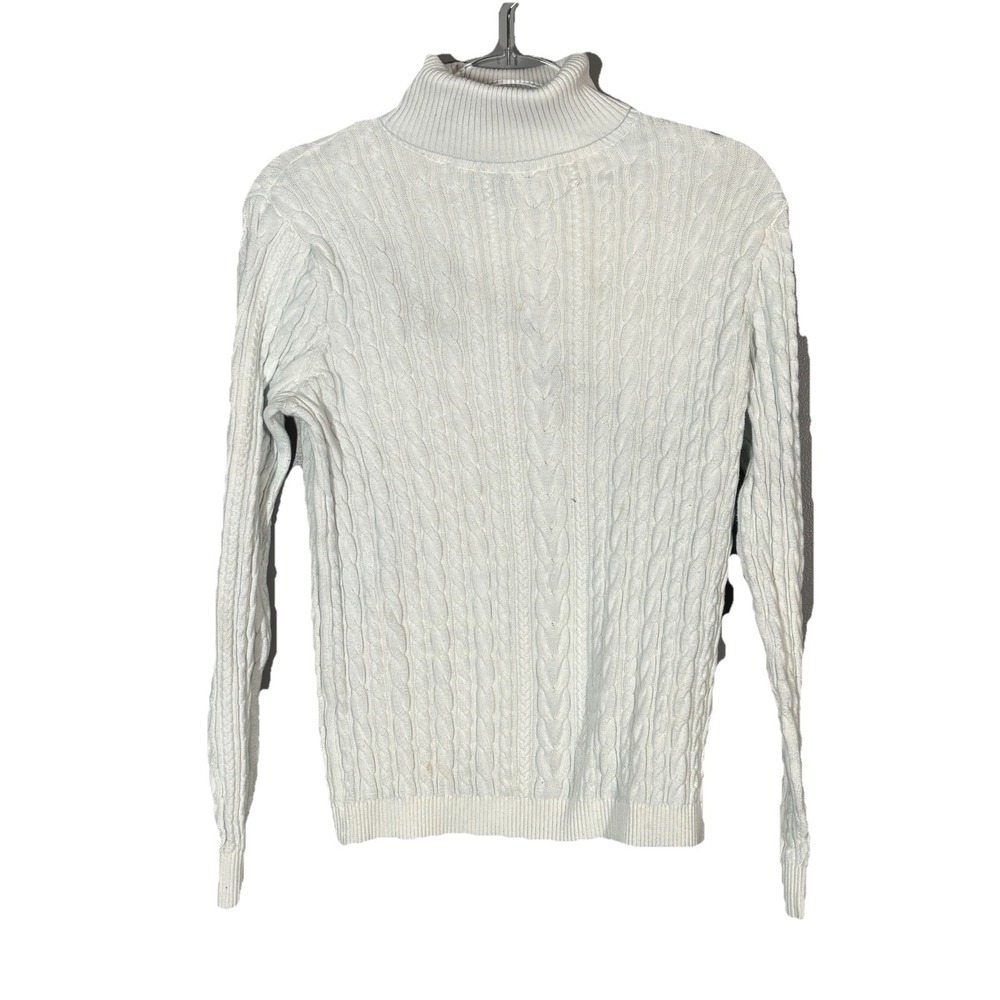 Lands' End Sweater Women Medium 10-12 White Cable Knit Pullover Turtleneck Cozy
